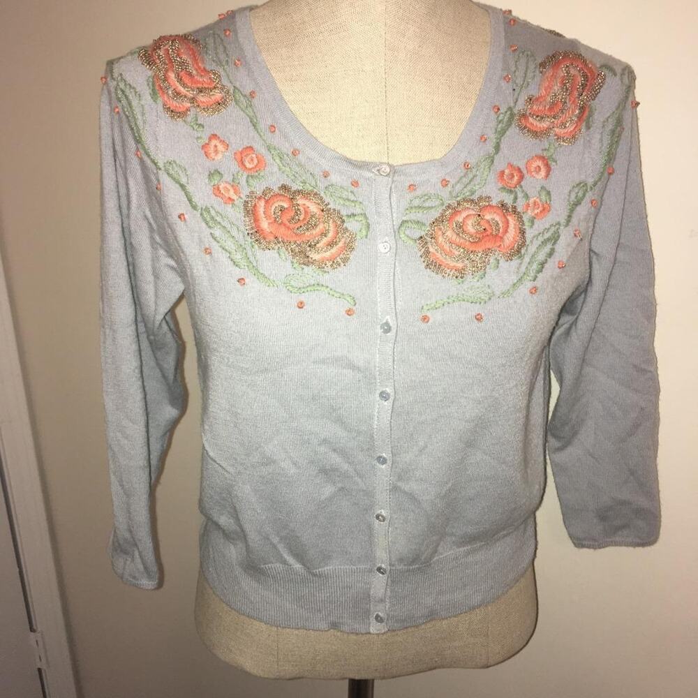 Moth Pink Bead & Embroidered Flower Detailed 100% Wool Blue Cardigan Sweater M